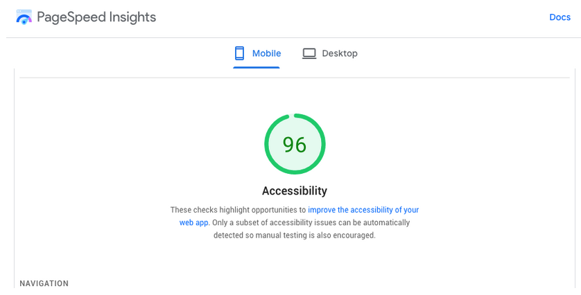 Google Page Insights Accessibility compliance result